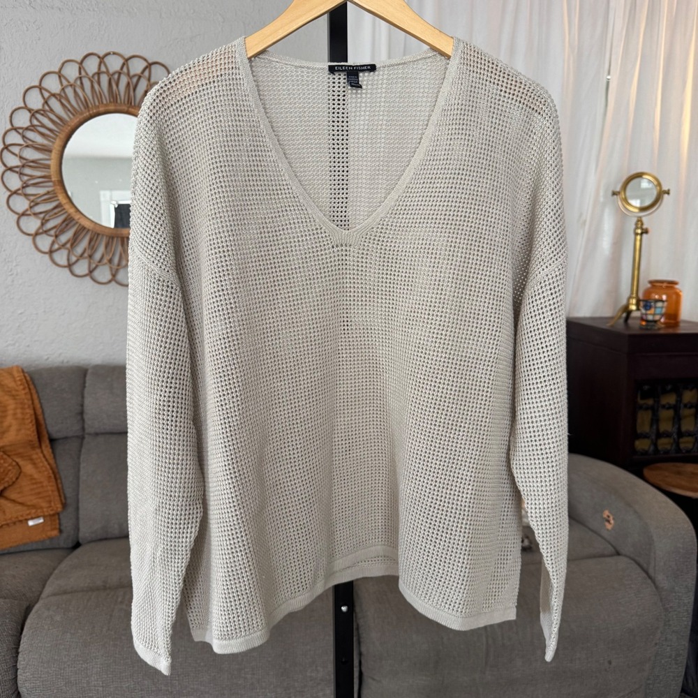 Eileen Fisher Sweater XL Beige Organic Linen Cotton Loose Knit Boxy Quiet Luxury